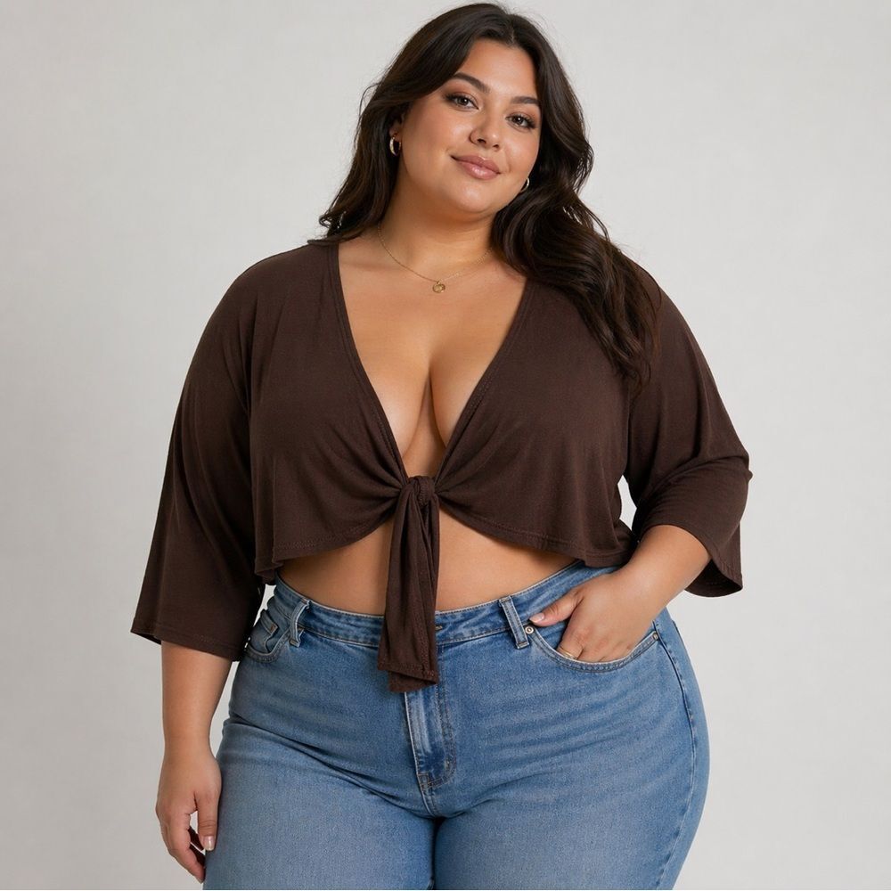 VINTAGE Solid Brown Tie Front Crop Top 2X Plus Size Flowy Boho Blouse Tie Front